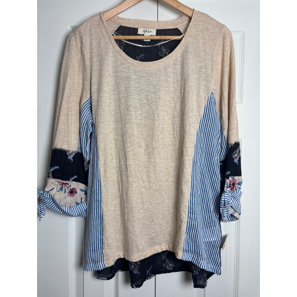Style & Co Womens Mixed Media Patchwork Top Tan Navy Paisley Striped Small NWT
